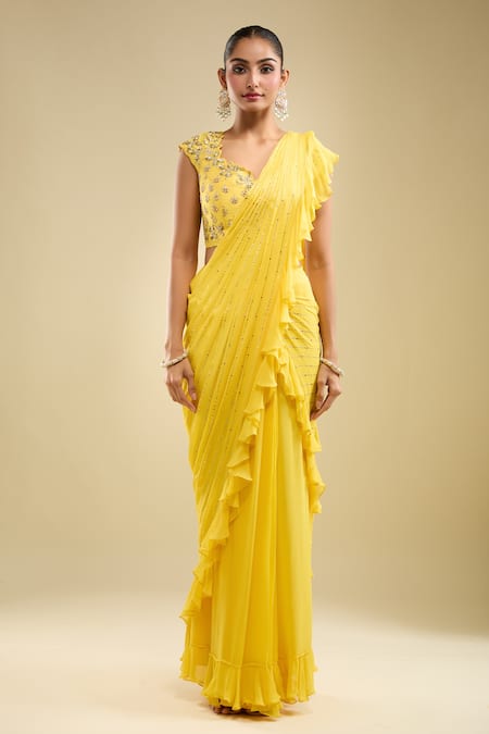 Buy Samyukta Singhania Yellow Georgette Ruffles, Sequins, Embroidery, Pre-draped Saree With Blouse Buy_Samyukta Singhania_Yellow Georgette Ruffles, Sequins, Embroidery, Pre-draped Saree With Blouse