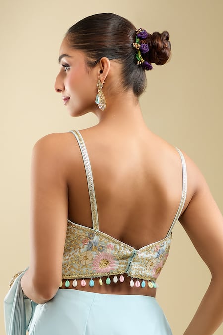 Samyukta Singhania_Blue Satin Beads Sweetheart Neck Ruffle Pre-draped Saree With Blouse _Online_at_Aza_Fashions