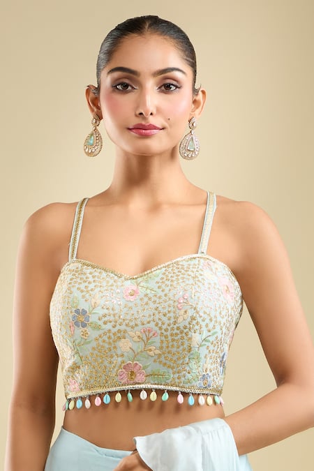 Shop_Samyukta Singhania_Blue Satin Beads Sweetheart Neck Ruffle Pre-draped Saree With Blouse _Online_at_Aza_Fashions