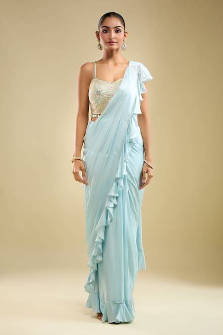 Samyukta Singhania_Blue Satin Beads Sweetheart Neck Ruffle Pre-draped Saree With Blouse _at_Aza_Fashions
