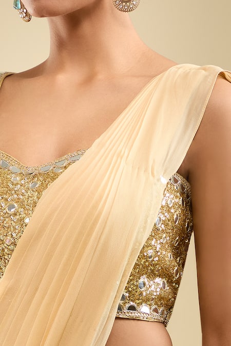 Samyukta Singhania_Beige Georgette Sequins Round Neck Pre-draped Saree With Embroidered Blouse _Online_at_Aza_Fashions