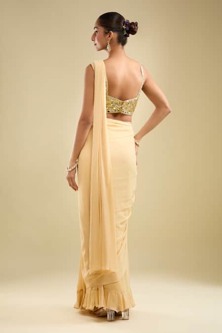 Shop_Samyukta Singhania_Beige Georgette Sequins Round Neck Pre-draped Saree With Embroidered Blouse _at_Aza_Fashions