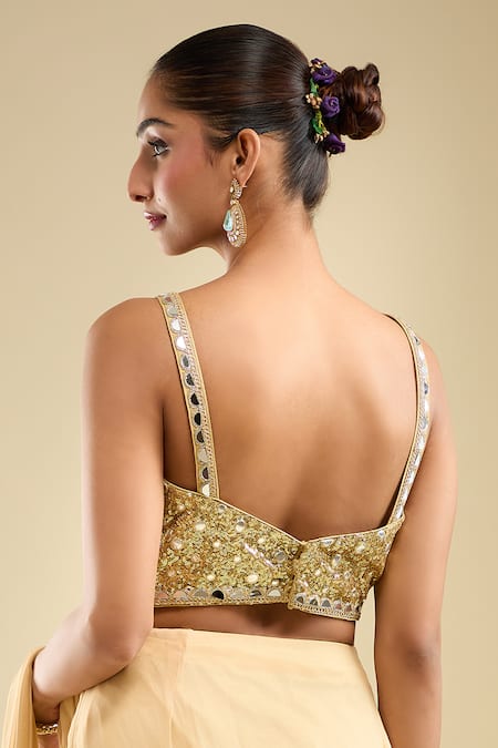 Buy_Samyukta Singhania_Beige Georgette Sequins Round Neck Pre-draped Saree With Embroidered Blouse _Online_at_Aza_Fashions