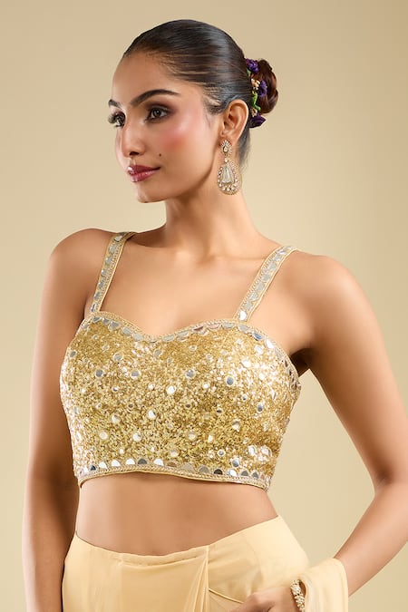 Shop_Samyukta Singhania_Beige Georgette Sequins Round Neck Pre-draped Saree With Embroidered Blouse _Online_at_Aza_Fashions