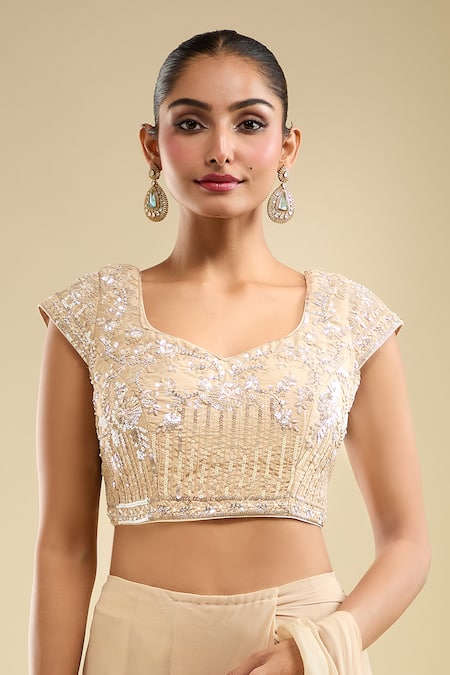 Buy Samyukta Singhania Beige Georgette Embroidery Leaf Neck Ruffle Pre-draped Saree With Blouse Online at Aza Fashions Buy_Samyukta Singhania_Beige Georgette Embroidery Leaf Neck Ruffle Pre-draped Saree With Blouse _Online_at_Aza_Fashions