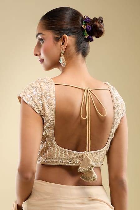 Shop Samyukta Singhania Beige Georgette Embroidery Leaf Neck Ruffle Pre-draped Saree With Blouse Online at Aza Fashions Shop_Samyukta Singhania_Beige Georgette Embroidery Leaf Neck Ruffle Pre-draped Saree With Blouse _Online_at_Aza_Fashions