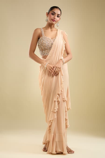 Samyukta Singhania Beige Georgette Embroidery Sweetheart Neck Ruffle Pre-draped Saree With Blouse 