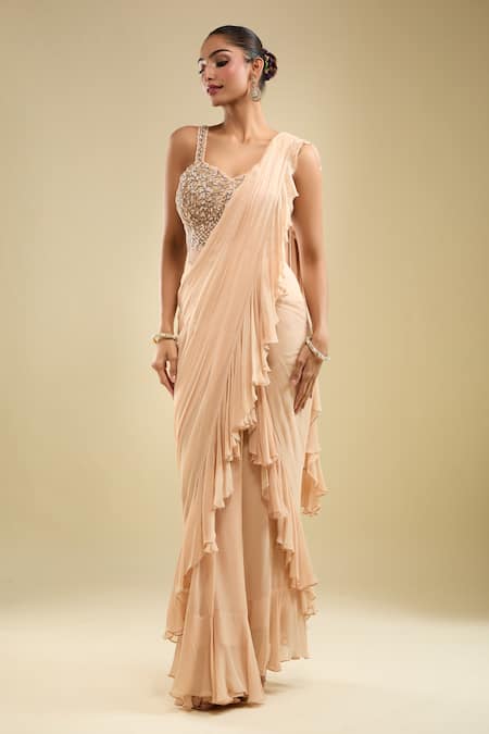 Samyukta Singhania Beige Georgette Embroidery Sweetheart Neck Ruffle Pre-draped Saree With Blouse Online at Aza Fashions Samyukta Singhania_Beige Georgette Embroidery Sweetheart Neck Ruffle Pre-draped Saree With Blouse _Online_at_Aza_Fashions