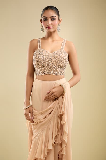 Samyukta Singhania Beige Georgette Embroidery Sweetheart Neck Ruffle Pre-draped Saree With Blouse at Aza Fashions Samyukta Singhania_Beige Georgette Embroidery Sweetheart Neck Ruffle Pre-draped Saree With Blouse _at_Aza_Fashions