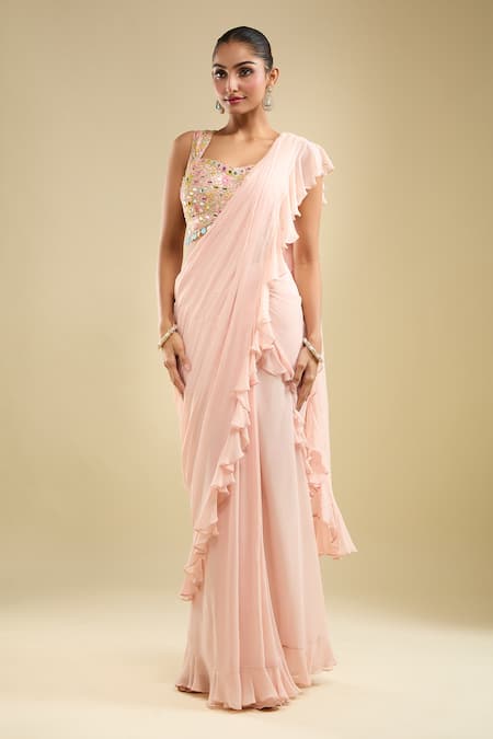 Samyukta Singhania Pink Georgette Sequins, Beads Ruffle Pre-draped Saree With Embroidered Blouse Online at Aza Fashions Samyukta Singhania_Pink Georgette Sequins, Beads Ruffle Pre-draped Saree With Embroidered Blouse _Online_at_Aza_Fashions