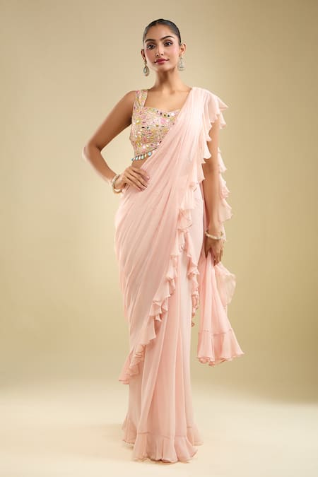 Samyukta Singhania Pink Georgette Sequins, Beads Ruffle Pre-draped Saree With Embroidered Blouse 