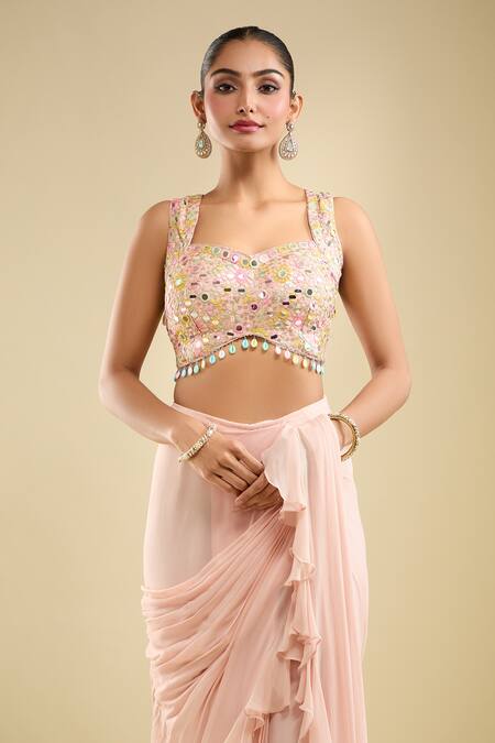 Buy Samyukta Singhania Pink Georgette Sequins, Beads Ruffle Pre-draped Saree With Embroidered Blouse Online at Aza Fashions Buy_Samyukta Singhania_Pink Georgette Sequins, Beads Ruffle Pre-draped Saree With Embroidered Blouse _Online_at_Aza_Fashions
