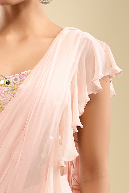Shop Samyukta Singhania Pink Georgette Sequins, Beads Ruffle Pre-draped Saree With Embroidered Blouse Online at Aza Fashions Shop_Samyukta Singhania_Pink Georgette Sequins, Beads Ruffle Pre-draped Saree With Embroidered Blouse _Online_at_Aza_Fashions