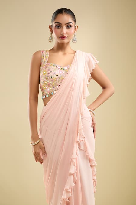 Samyukta Singhania Pink Georgette Sequins, Beads Ruffle Pre-draped Saree With Embroidered Blouse at Aza Fashions Samyukta Singhania_Pink Georgette Sequins, Beads Ruffle Pre-draped Saree With Embroidered Blouse _at_Aza_Fashions