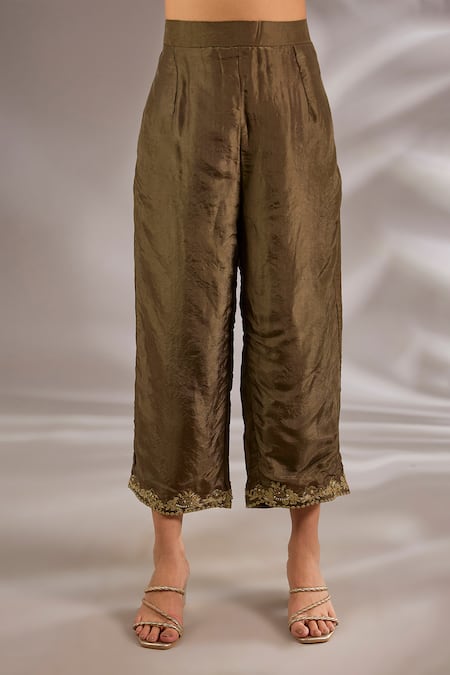 Studio A_Green Chanderi Embroidery V-neck Mul Hand Flared Anarkali Set _Online_at_Aza_Fashions