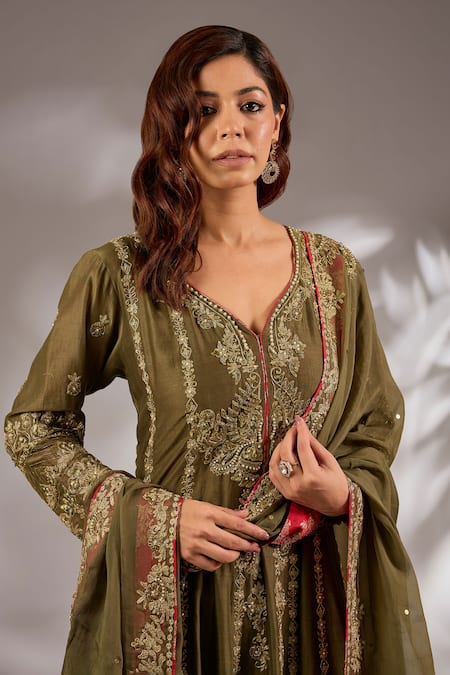 Buy_Studio A_Green Chanderi Embroidery V-neck Mul Hand Flared Anarkali Set _Online_at_Aza_Fashions