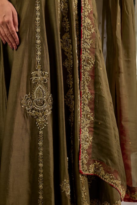 Shop_Studio A_Green Chanderi Embroidery V-neck Mul Hand Flared Anarkali Set _Online_at_Aza_Fashions