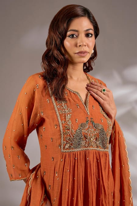 Studio A_Tan Chanderi Sequins, Beads V-neck Mul Hand Embroidered Flared Anarkali Set _Online_at_Aza_Fashions