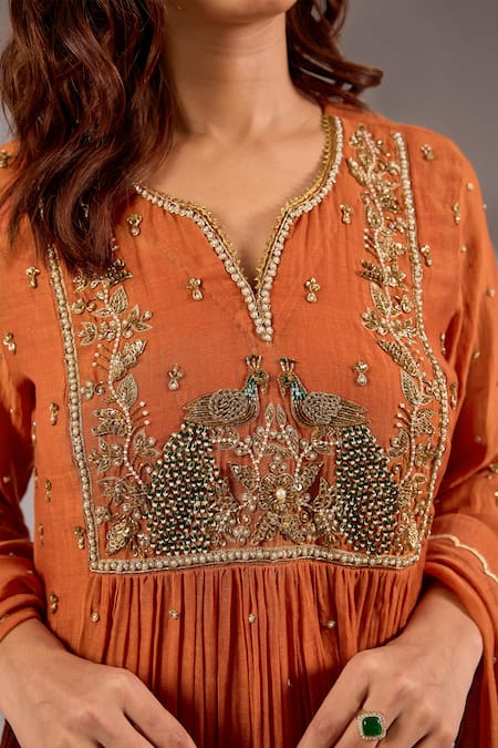 Shop_Studio A_Tan Chanderi Sequins, Beads V-neck Mul Hand Embroidered Flared Anarkali Set _Online_at_Aza_Fashions