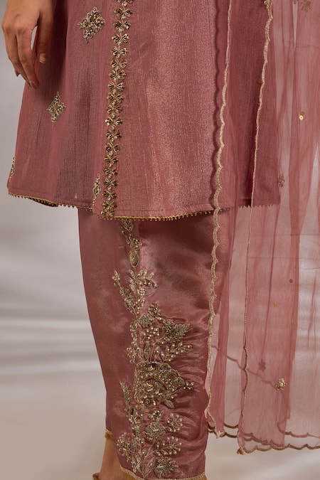 Studio A_Pink Net, Tissue Embroidery, Sequins V-neck Hand Anarkali Set _Online_at_Aza_Fashions