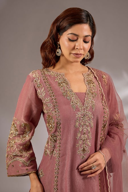 Shop_Studio A_Pink Net, Tissue Embroidery, Sequins V-neck Hand Anarkali Set _Online_at_Aza_Fashions