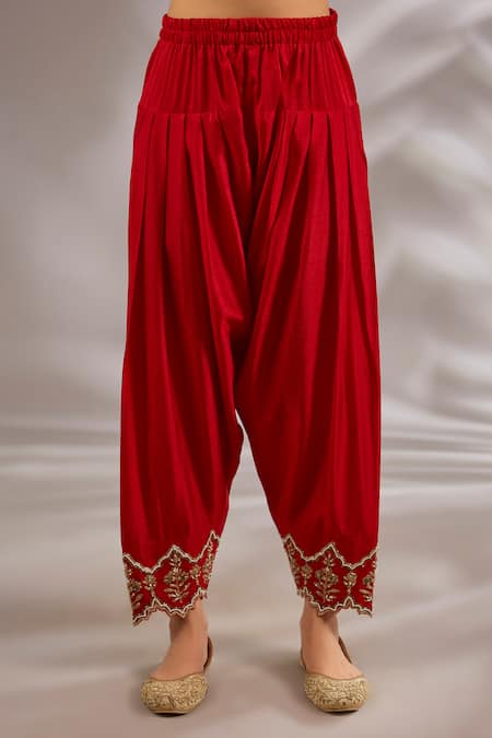 Studio A_Red Silk Embroidery Notched Neck Hand Anarkali Set _Online_at_Aza_Fashions