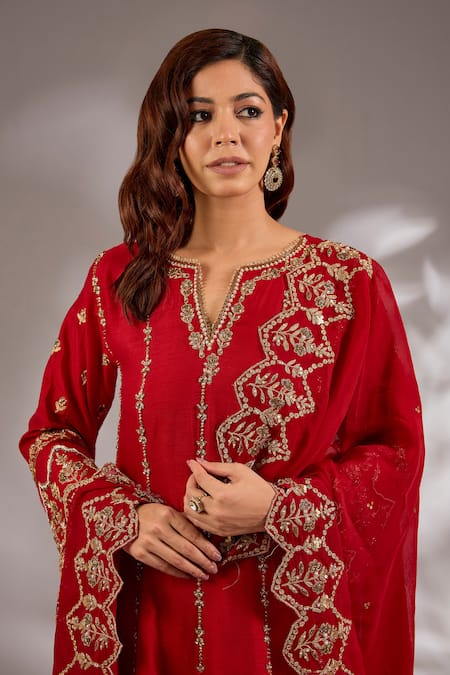 Shop_Studio A_Red Silk Embroidery Notched Neck Hand Anarkali Set _Online_at_Aza_Fashions