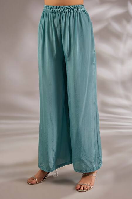 Studio A_Blue Crepe Sequins Collared Embroidered Asymmetric Kaftan And Pant Set _Online_at_Aza_Fashions