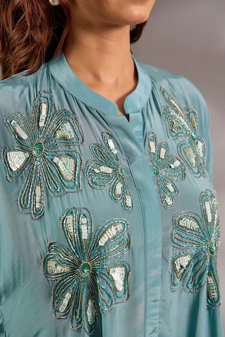 Buy_Studio A_Blue Crepe Sequins Collared Embroidered Asymmetric Kaftan And Pant Set _Online_at_Aza_Fashions