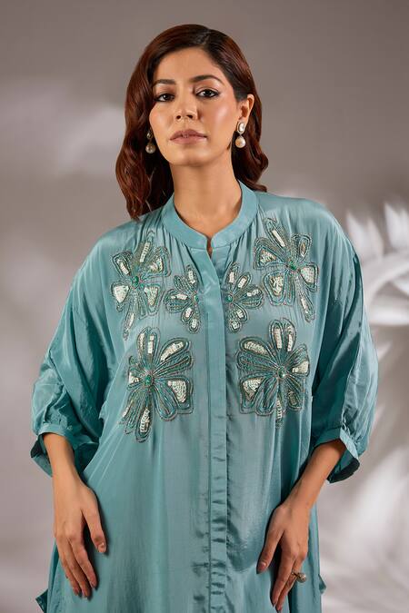 Shop_Studio A_Blue Crepe Sequins Collared Embroidered Asymmetric Kaftan And Pant Set _Online_at_Aza_Fashions