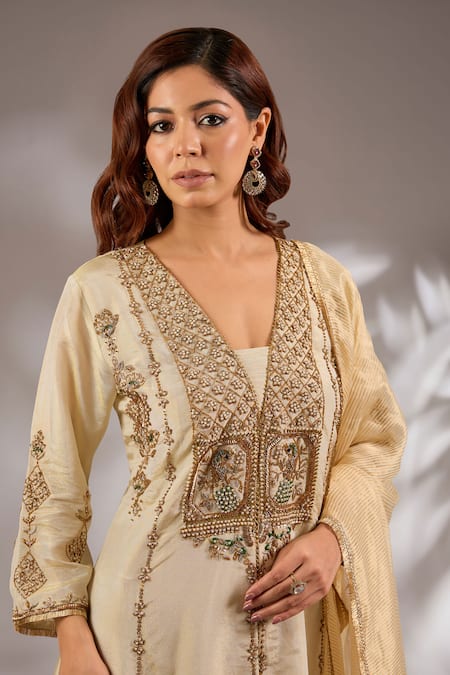 Shop_Studio A_Ivory Tissue Embroidery V-neck Hand Flared Kurta Set _Online_at_Aza_Fashions