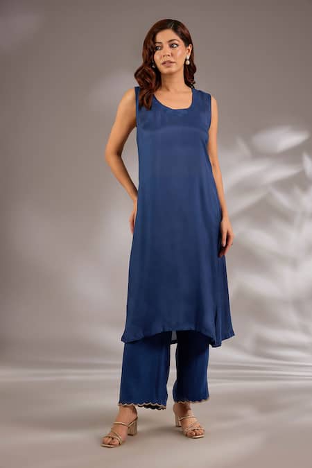 Studio A_Blue Chanderi Embroidery V-neck Mul Hand Flared Anarkali Set _Online_at_Aza_Fashions