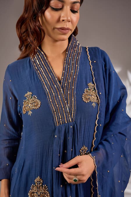 Shop_Studio A_Blue Chanderi Embroidery V-neck Mul Hand Flared Anarkali Set _Online_at_Aza_Fashions