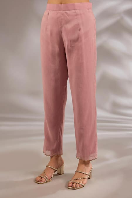 Studio A_Pink Chanderi Embroidery V-neck Mul Hand Flared Kurta Set _Online_at_Aza_Fashions