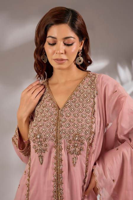 Buy_Studio A_Pink Chanderi Embroidery V-neck Mul Hand Flared Kurta Set _Online_at_Aza_Fashions
