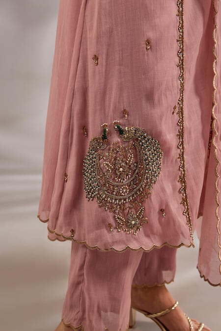 Shop_Studio A_Pink Chanderi Embroidery V-neck Mul Hand Flared Kurta Set _Online_at_Aza_Fashions