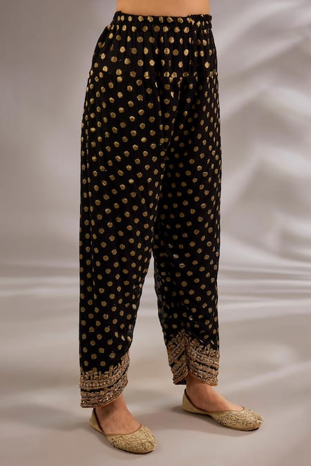 Studio A_Black Silk, Brocade Embroidery, Sequins, Zari Split V-neck Dori Short Kurta Set _Online_at_Aza_Fashions