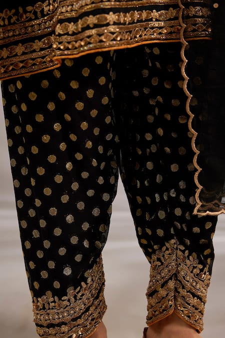 Buy_Studio A_Black Silk, Brocade Embroidery, Sequins, Zari Split V-neck Dori Short Kurta Set _Online_at_Aza_Fashions