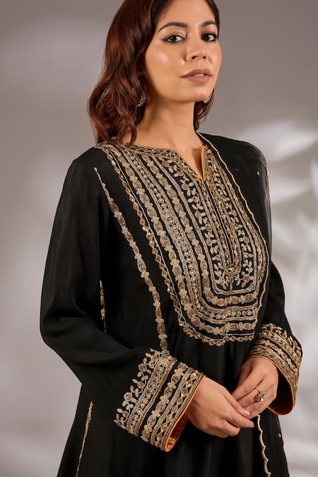 Shop_Studio A_Black Silk, Brocade Embroidery, Sequins, Zari Split V-neck Dori Short Kurta Set _Online_at_Aza_Fashions