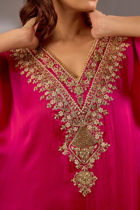 Studio A_Magenta Satin, Organza Embroidery V-neck Dori A-line Kurta Set _Online_at_Aza_Fashions