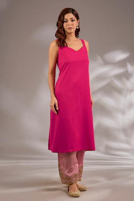 Buy_Studio A_Magenta Satin, Organza Embroidery V-neck Dori A-line Kurta Set _Online_at_Aza_Fashions