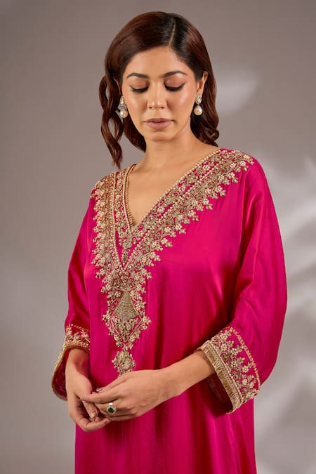 Shop_Studio A_Magenta Satin, Organza Embroidery V-neck Dori A-line Kurta Set _Online_at_Aza_Fashions