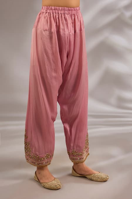Studio A_Magenta Satin, Organza Embroidery V-neck Dori A-line Kurta Set _at_Aza_Fashions