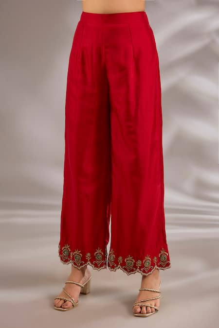 Studio A_Red Silk Embroidery Keyhole Neck Hand Straight Kurta Set _Online_at_Aza_Fashions
