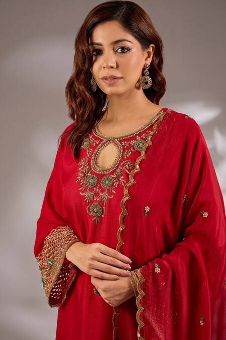 Buy_Studio A_Red Silk Embroidery Keyhole Neck Hand Straight Kurta Set _Online_at_Aza_Fashions