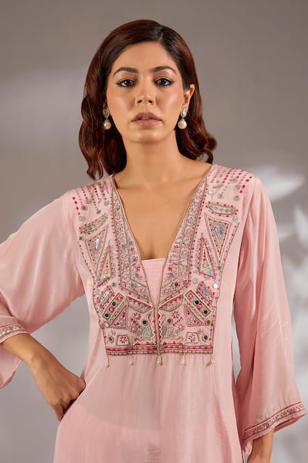 Studio A_Pink Crepe Mirrors, Beads, Embroidery V-neck Kaftan Set _Online_at_Aza_Fashions