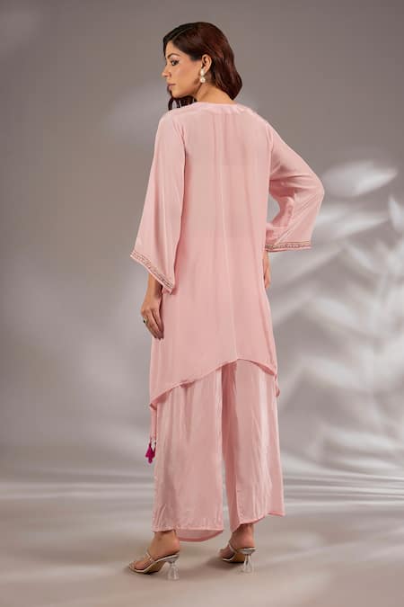 Studio A Pink Crepe Mirror Embroidered Kaftan Set 