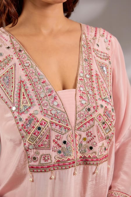 Shop_Studio A_Pink Crepe Mirrors, Beads, Embroidery V-neck Kaftan Set _Online_at_Aza_Fashions
