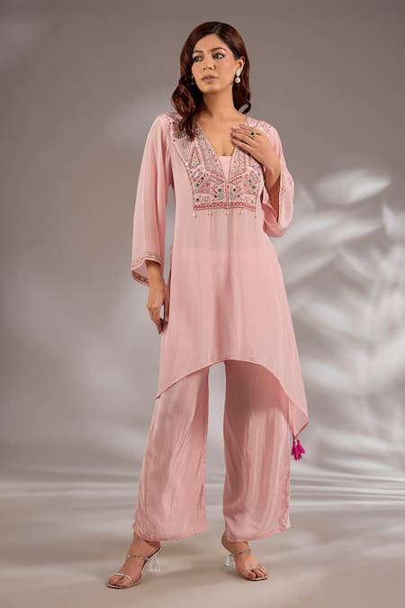 Studio A Pink Crepe Mirror Embroidered Kaftan Set 