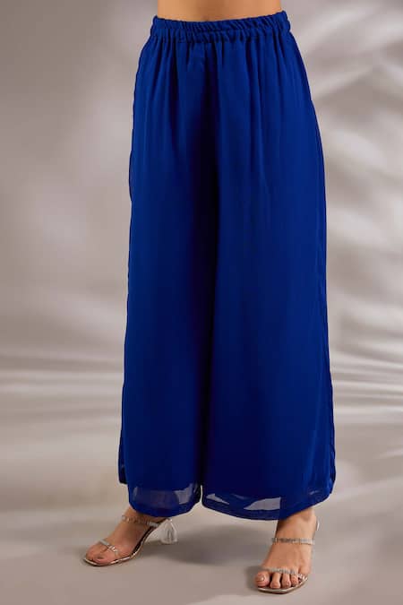 Studio A_Blue Georgette Sequins Mandarin Collar Embroidered Kaftan With Pant _Online_at_Aza_Fashions